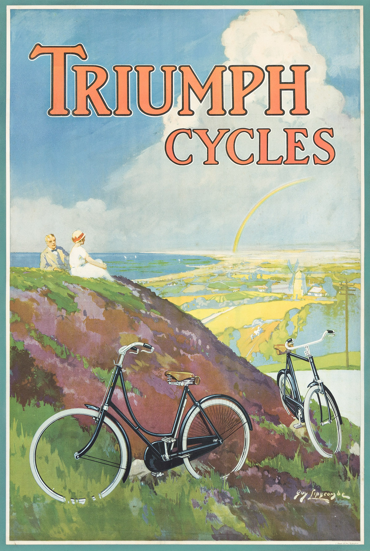 GUY LIPSCOMBE (1881-1952).  TRIUMPH CYCLES. Circa 1930s. 28¼x19 inches, 71¾x48¼ cm. J. Howitt & Son, Nottingham.